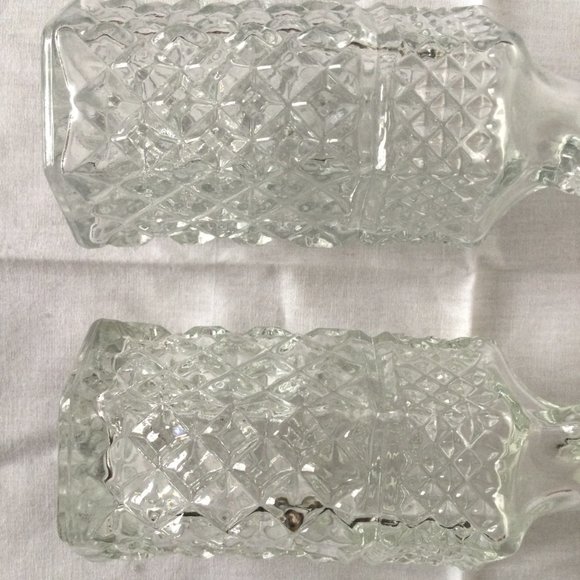 2 vintage bottle decanter clear glass lidded handled hexagonal diamond flower - Picture 5 of 7